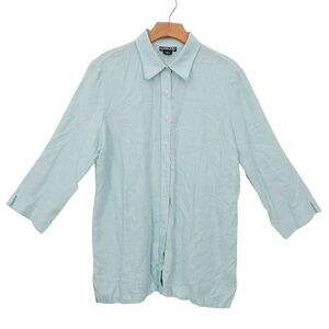Lands' End Linen Shirt Womens 16 Green 3/4 Sleeve Button Up Lagenlook Coastal